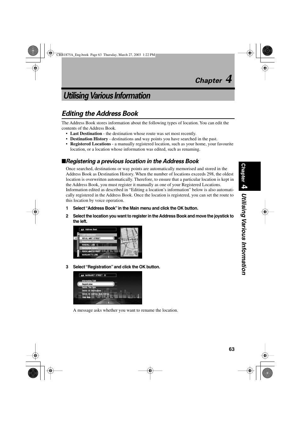 Utilising various information, Chapter, Editing the address book | Pioneer AVIC700D User Manual | Page 64 / 190