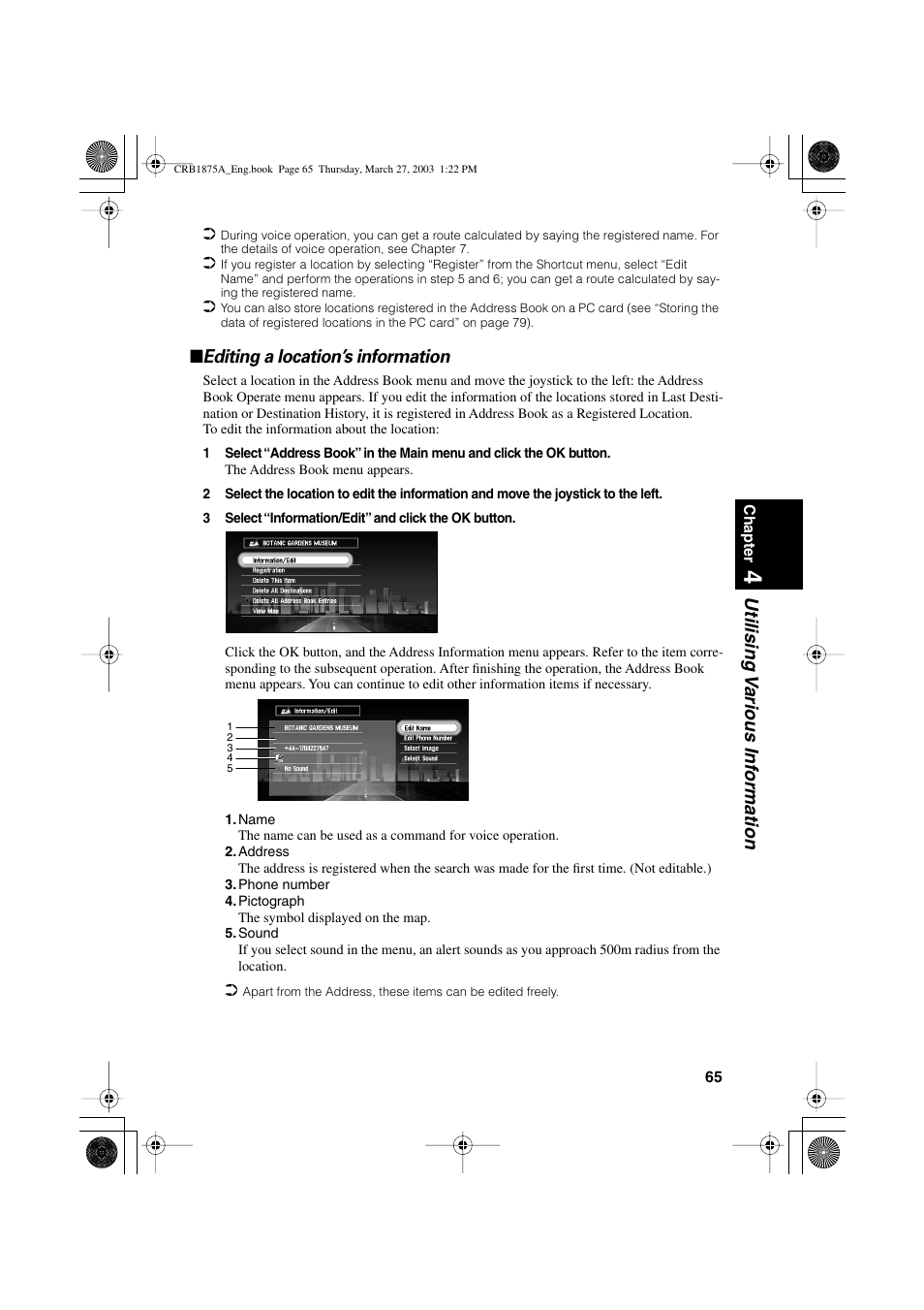 Utilising v arious inf ormation, Editing a location’s information | Pioneer AVIC700D User Manual | Page 66 / 190