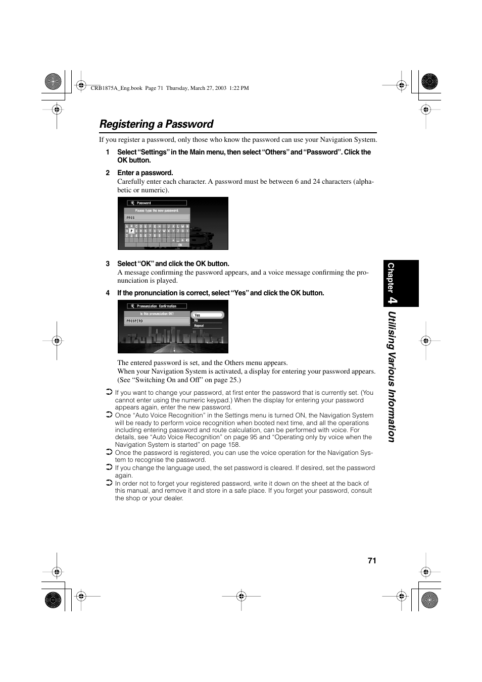 Registering a password, Utilising v arious inf ormation | Pioneer AVIC700D User Manual | Page 72 / 190