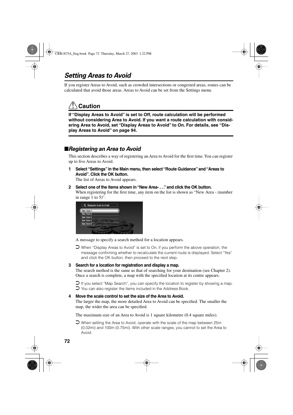 Setting areas to avoid, Caution, Registering an area to avoid | Pioneer AVIC700D User Manual | Page 73 / 190