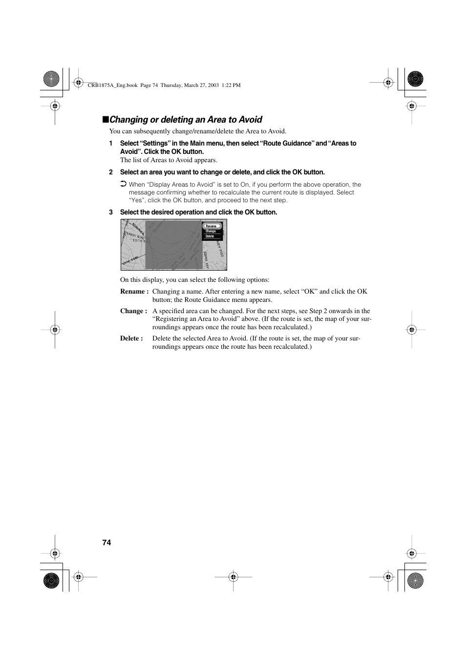 Changing or deleting an area to avoid | Pioneer AVIC700D User Manual | Page 75 / 190