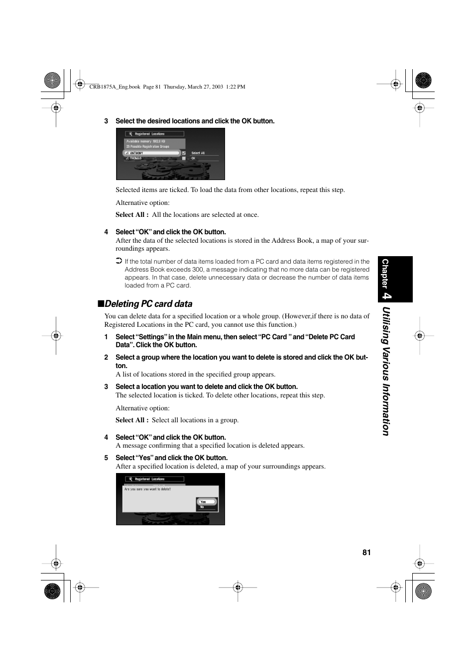 Utilising v arious inf ormation, Deleting pc card data | Pioneer AVIC700D User Manual | Page 82 / 190