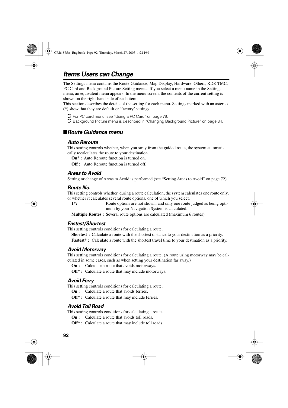 Items users can change, Route guidance menu | Pioneer AVIC700D User Manual | Page 93 / 190