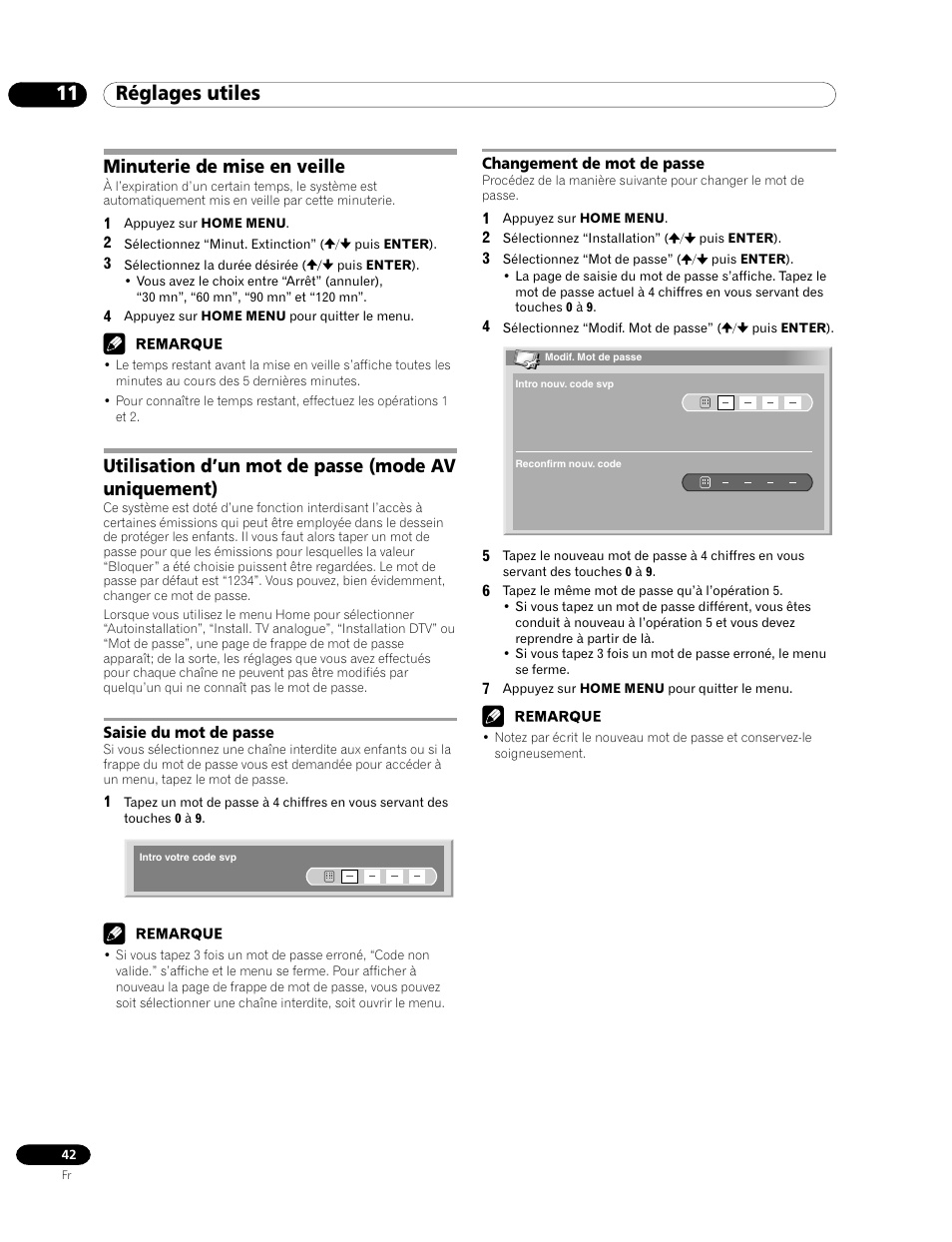 Saisie du mot de passe changement de mot de passe, 11 réglages utiles, Minuterie de mise en veille | Utilisation d’un mot de passe (mode av uniquement) | Pioneer PDP-435HDE User Manual | Page 100 / 176