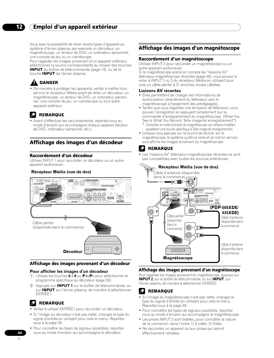 12 emploi d’un appareil extérieur, Affichage des images d’un décodeur, Affichage des images d’un magnétoscope | Raccordement d’un magnétoscope, Raccordement d’un décodeur, Affichage des images provenant d’un décodeur, Affichage des images provenant d’un magnétoscope, Liaisons av récentes, Pour afficher les images d’un décodeur, Récepteur média (vue de dos) | Pioneer PDP-435HDE User Manual | Page 102 / 176