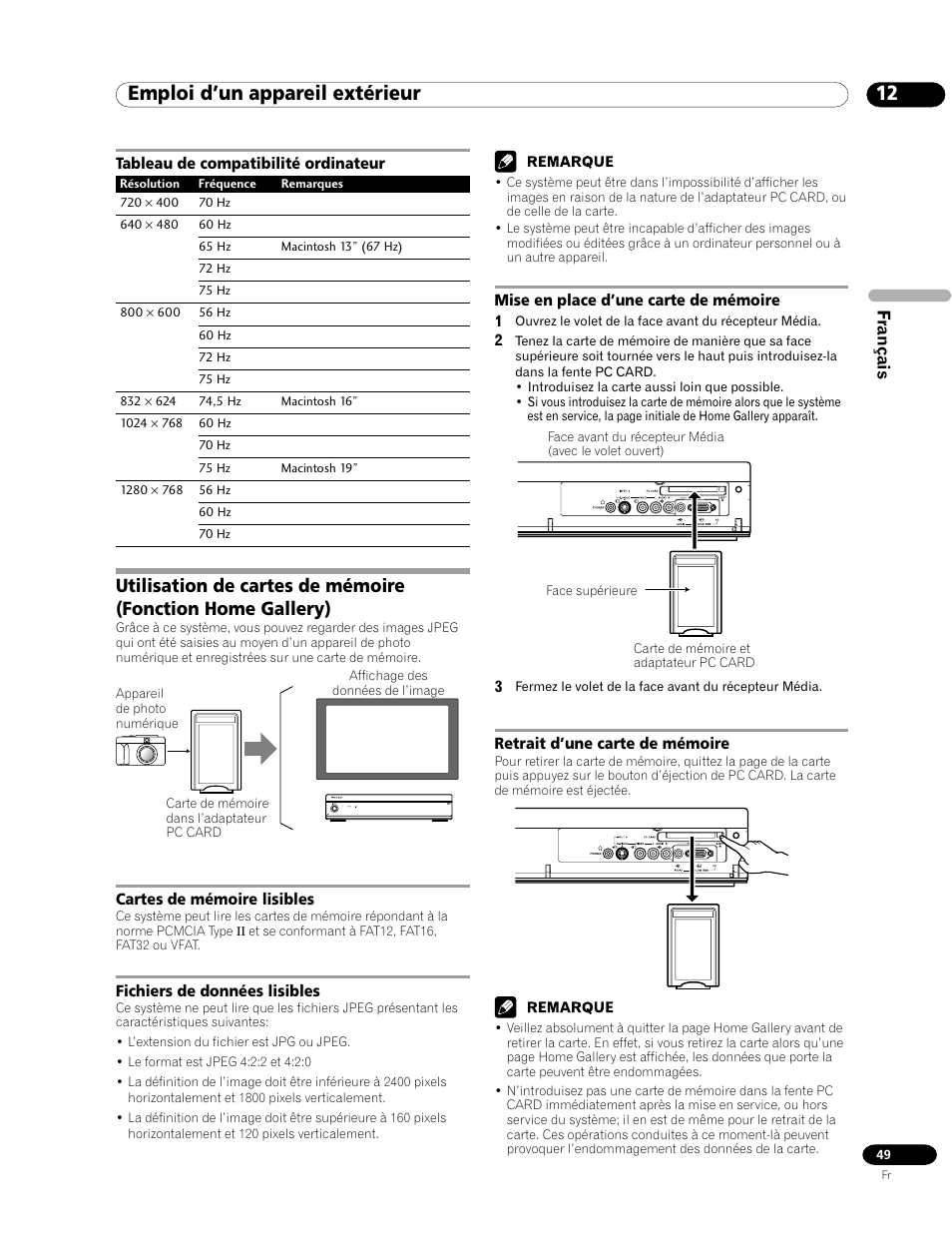 Tableau de compatibilité ordinateur, Emploi d’un appareil extérieur | Pioneer PDP-435HDE User Manual | Page 107 / 176