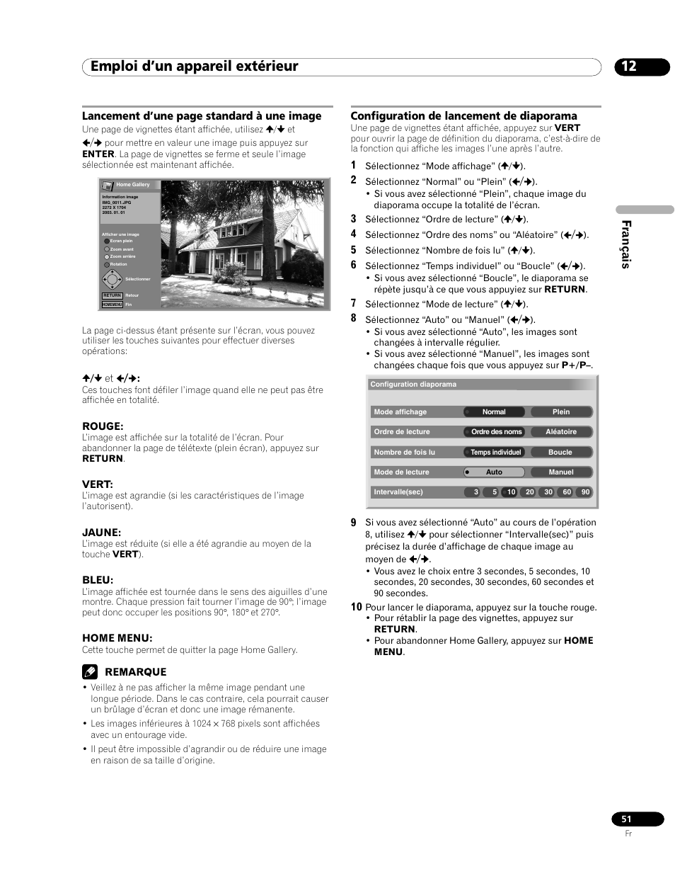 Emploi d’un appareil extérieur, Français, Lancement d’une page standard à une image | Configuration de lancement de diaporama | Pioneer PDP-435HDE User Manual | Page 109 / 176