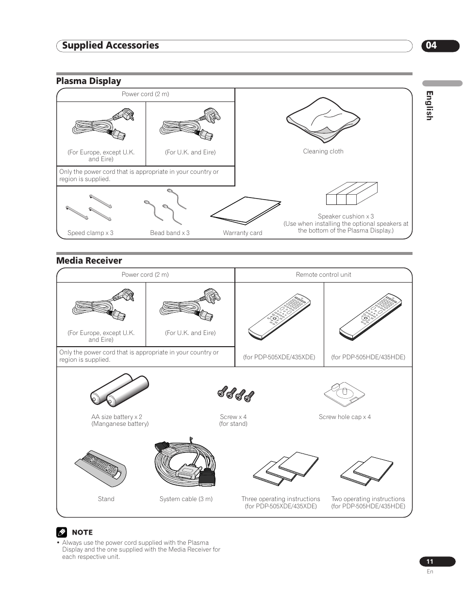 04 supplied accessories, Plasma display media receiver, Media receiver | Plasma display | Pioneer PDP-435HDE User Manual | Page 11 / 176