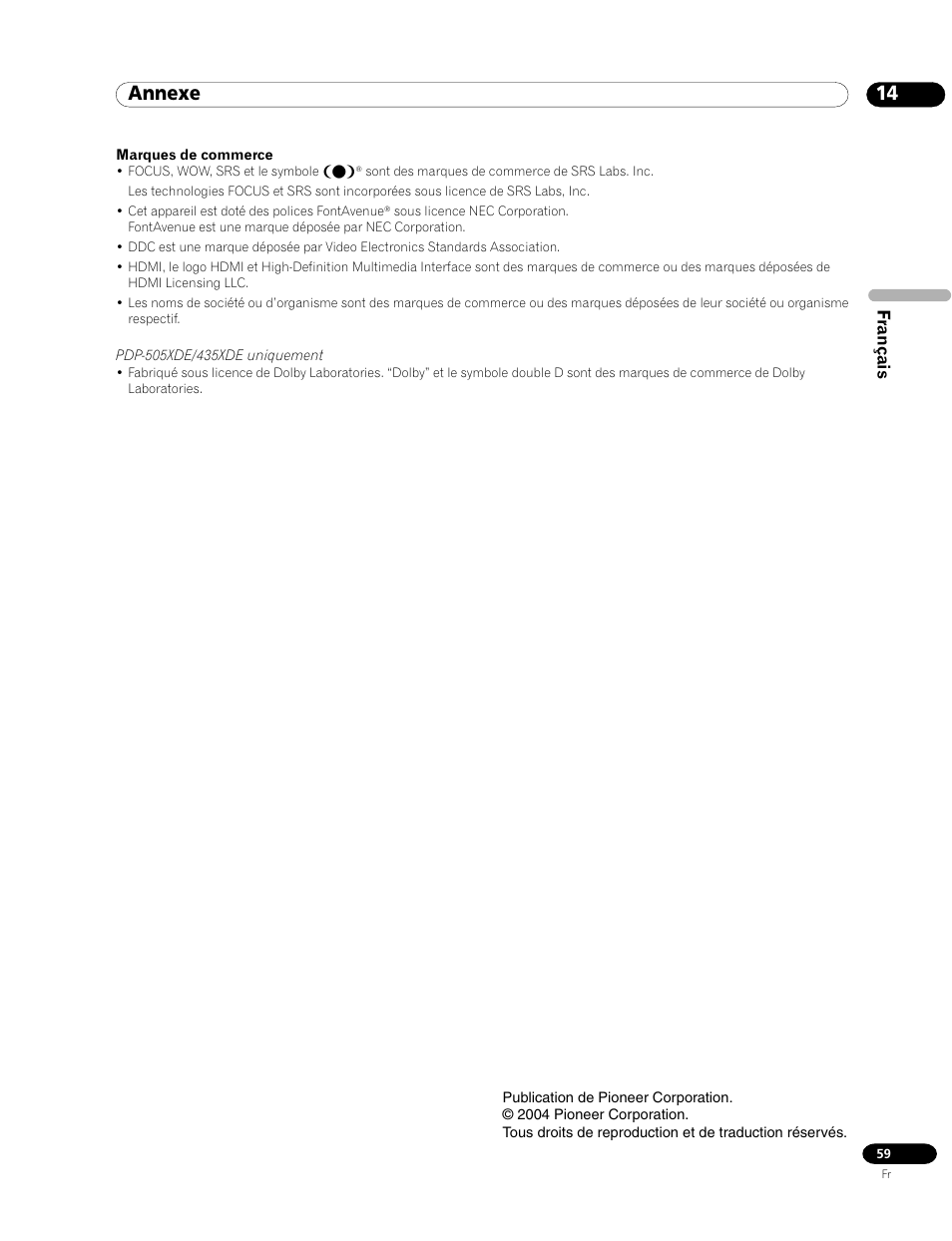Annexe, Français | Pioneer PDP-435HDE User Manual | Page 117 / 176