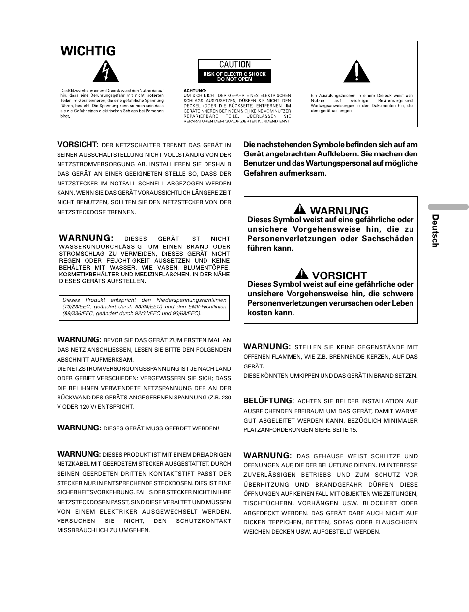 Deutsch, Vorsicht, Warnung | Belüftung | Pioneer PDP-435HDE User Manual | Page 119 / 176