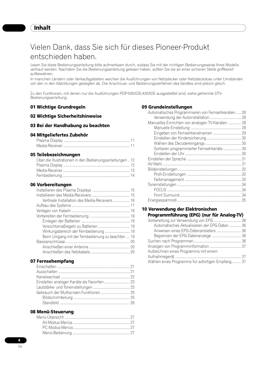 Bedienungsanleitung, Inhalt | Pioneer PDP-435HDE User Manual | Page 120 / 176