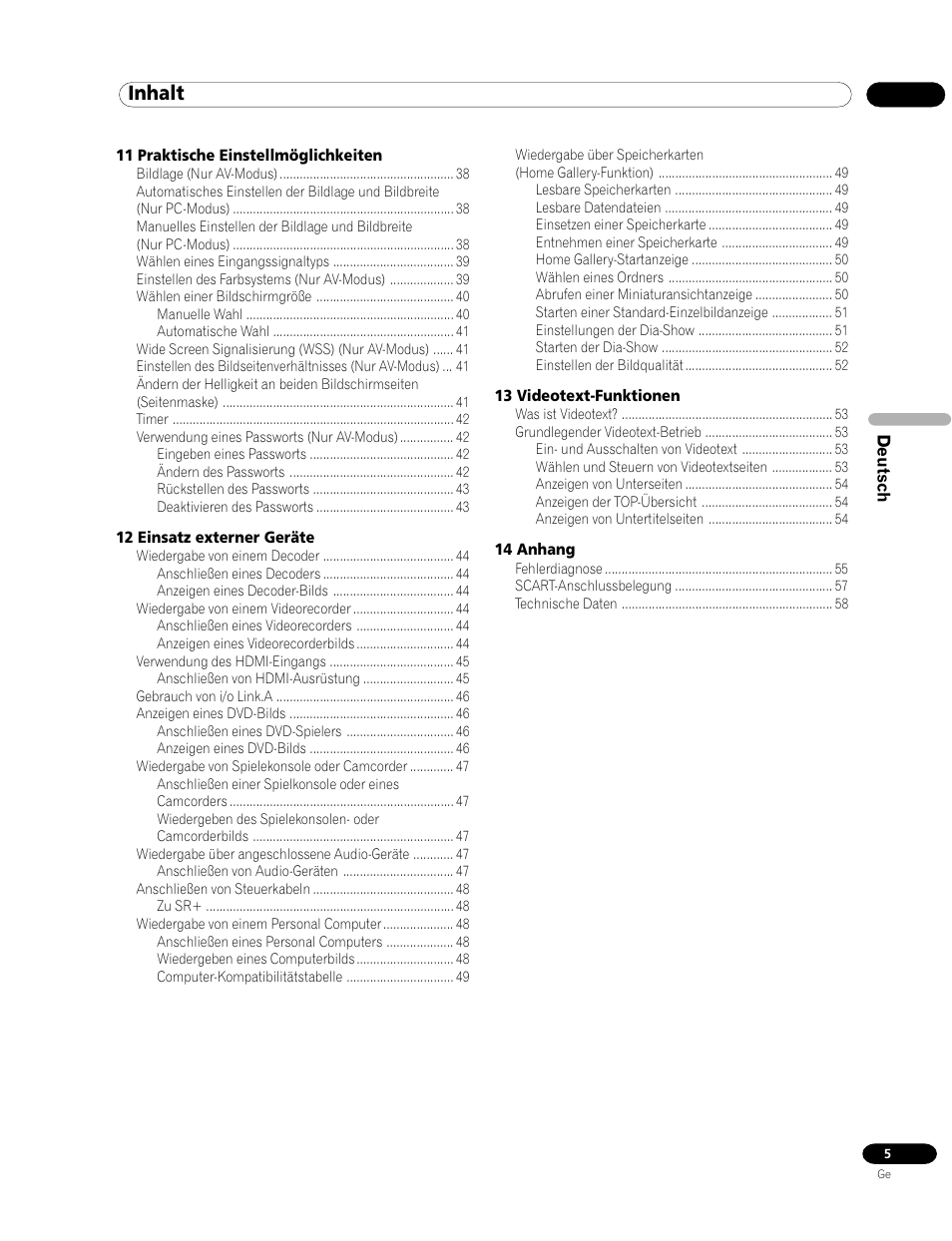 Inhalt | Pioneer PDP-435HDE User Manual | Page 121 / 176