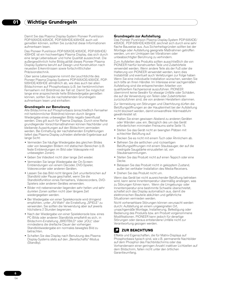 01 wichtige grundregeln | Pioneer PDP-435HDE User Manual | Page 122 / 176