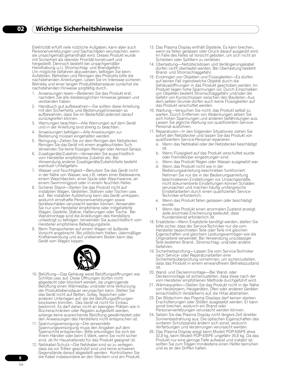 02 wichtige sicherheitshinweise | Pioneer PDP-435HDE User Manual | Page 124 / 176