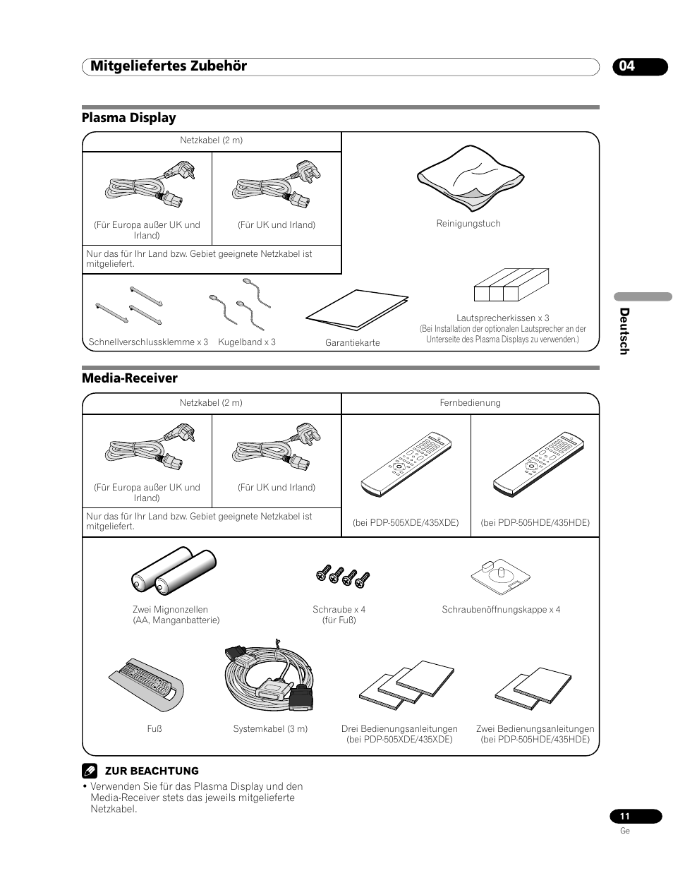 04 mitgeliefertes zubehör, Plasma display media-receiver, Media-receiver | Plasma display | Pioneer PDP-435HDE User Manual | Page 127 / 176