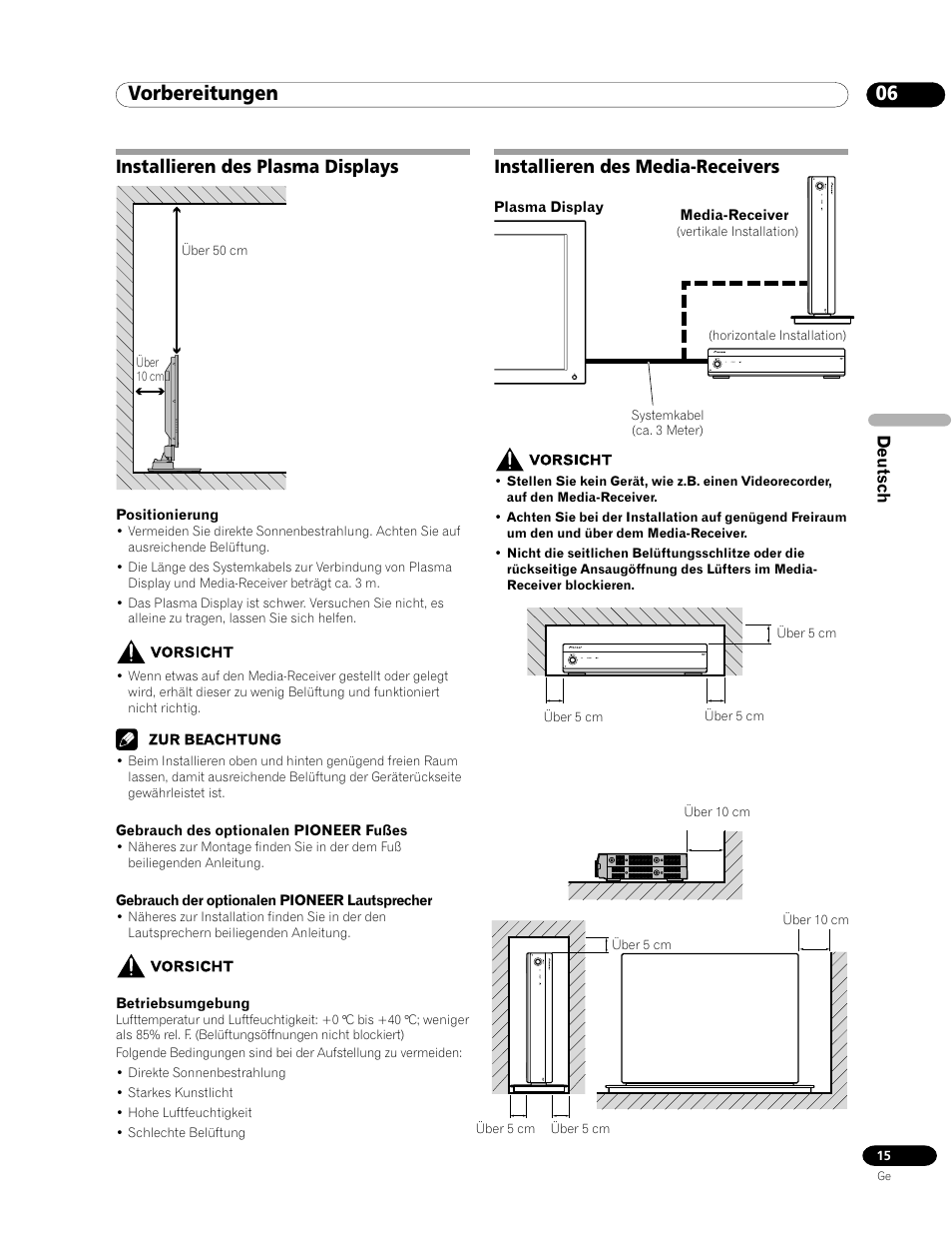 06 vorbereitungen, Installieren des plasma displays, Installieren des media-receivers | Pioneer PDP-435HDE User Manual | Page 131 / 176