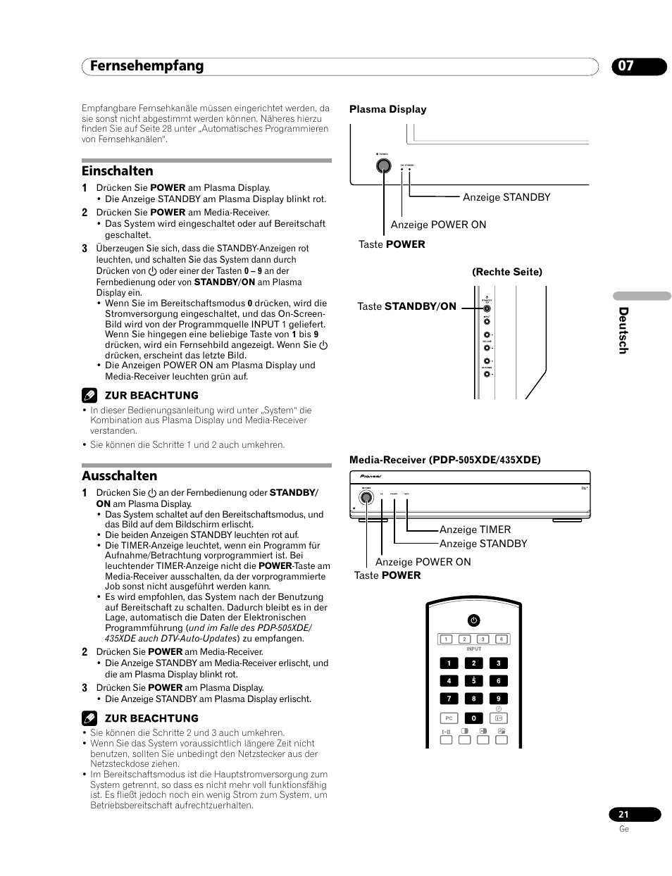 07 fernsehempfang, Einschalten ausschalten, Einschalten | Ausschalten | Pioneer PDP-435HDE User Manual | Page 137 / 176