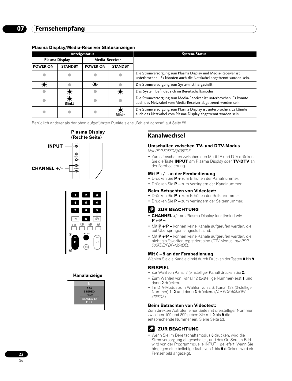 Kanalwechsel, 07 fernsehempfang | Pioneer PDP-435HDE User Manual | Page 138 / 176