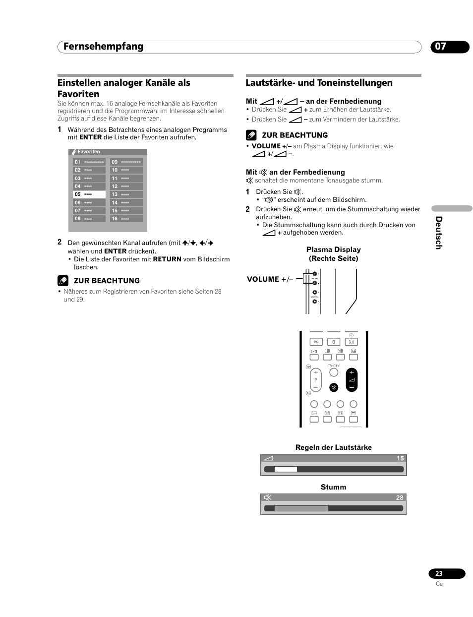 07 fernsehempfang, Lautstärke- und toneinstellungen, Einstellen analoger kanäle als favoriten | Deutsch | Pioneer PDP-435HDE User Manual | Page 139 / 176