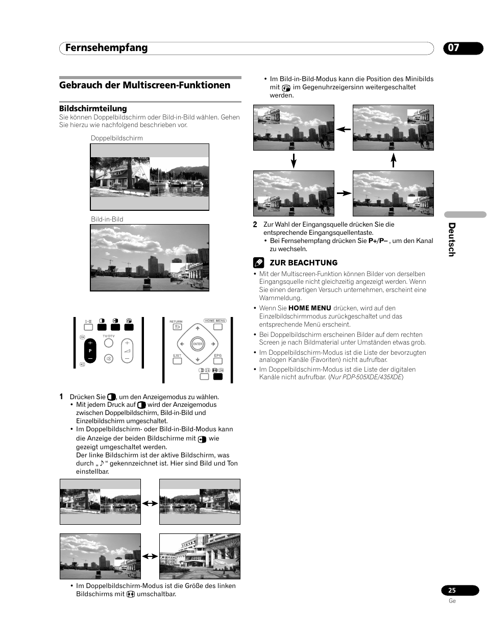 Gebrauch der multiscreen-funktionen, Bildschirmteilung, 07 fernsehempfang | Pioneer PDP-435HDE User Manual | Page 141 / 176