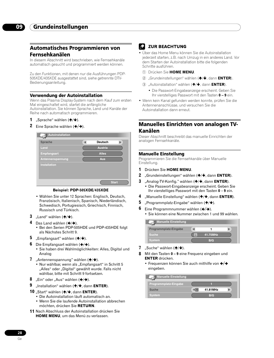 09 grundeinstellungen, Automatisches programmieren von fernsehkanälen, Verwendung der autoinstallation | Manuelles einrichten von analogen tv-kanälen, Manuelle einstellung, Manuelles einrichten von analogen tv- kanälen | Pioneer PDP-435HDE User Manual | Page 144 / 176