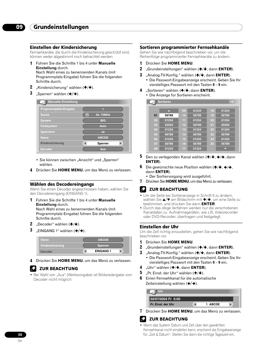 09 grundeinstellungen, Einstellen der kindersicherung, Wählen des decodereingangs | Sortieren programmierter fernsehkanäle, Einstellen der uhr | Pioneer PDP-435HDE User Manual | Page 146 / 176