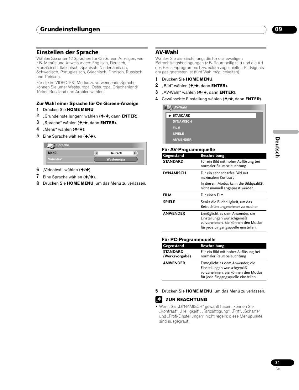 Einstellen der sprache av-wahl, 09 grundeinstellungen, Einstellen der sprache | Av-wahl | Pioneer PDP-435HDE User Manual | Page 147 / 176