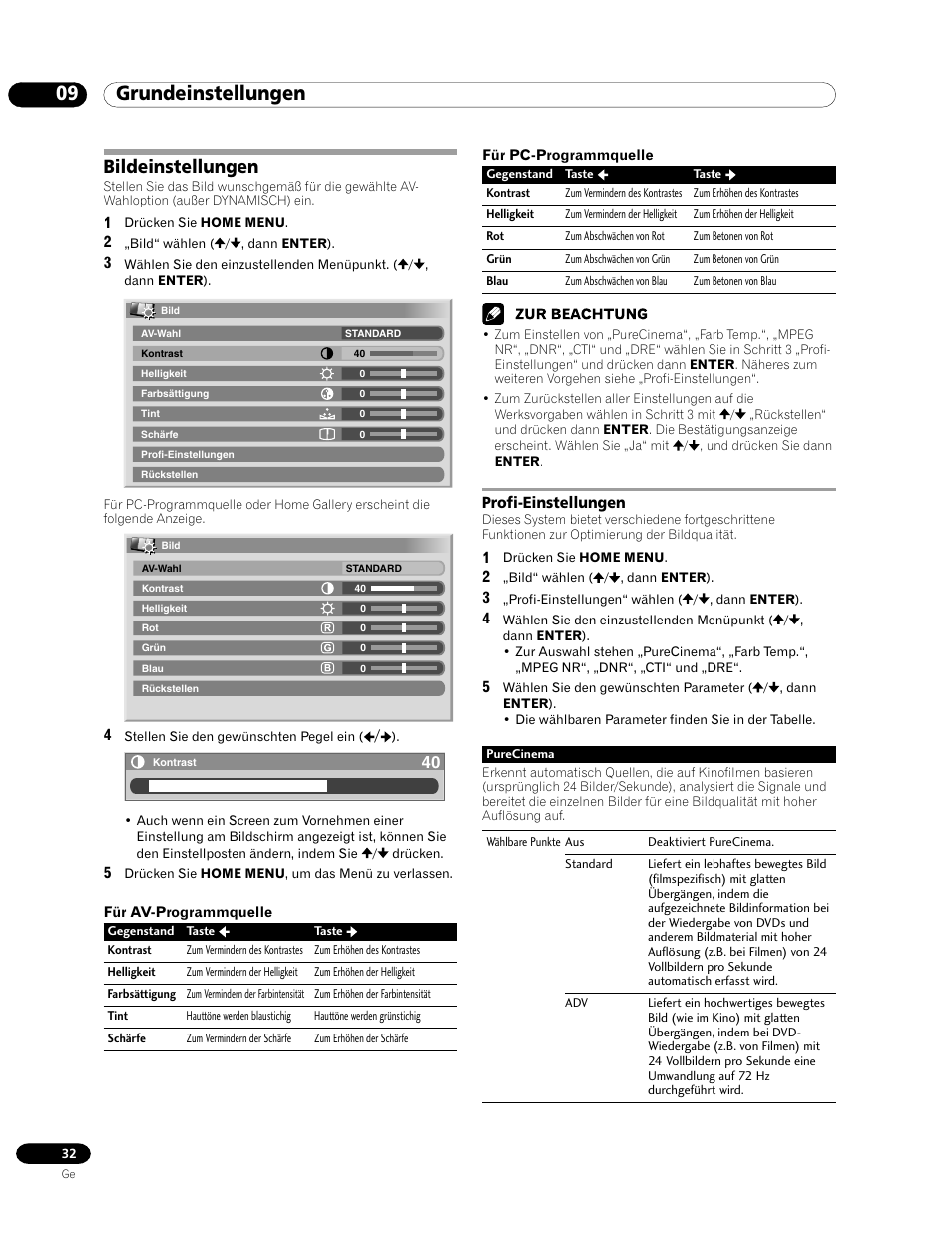 Bildeinstellungen, Profi-einstellungen, 09 grundeinstellungen | Pioneer PDP-435HDE User Manual | Page 148 / 176