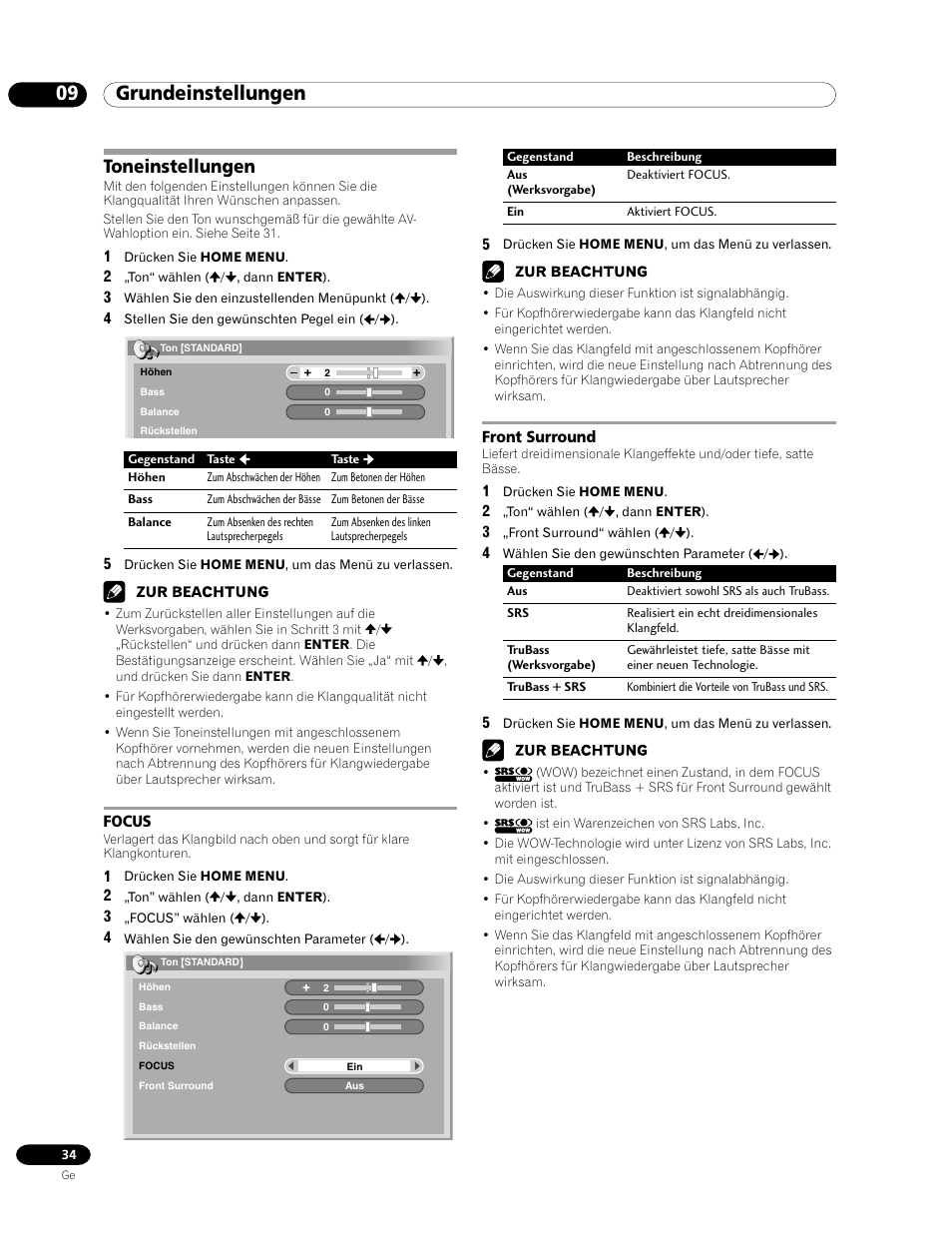 Toneinstellungen, Focus front surround, 09 grundeinstellungen | Pioneer PDP-435HDE User Manual | Page 150 / 176
