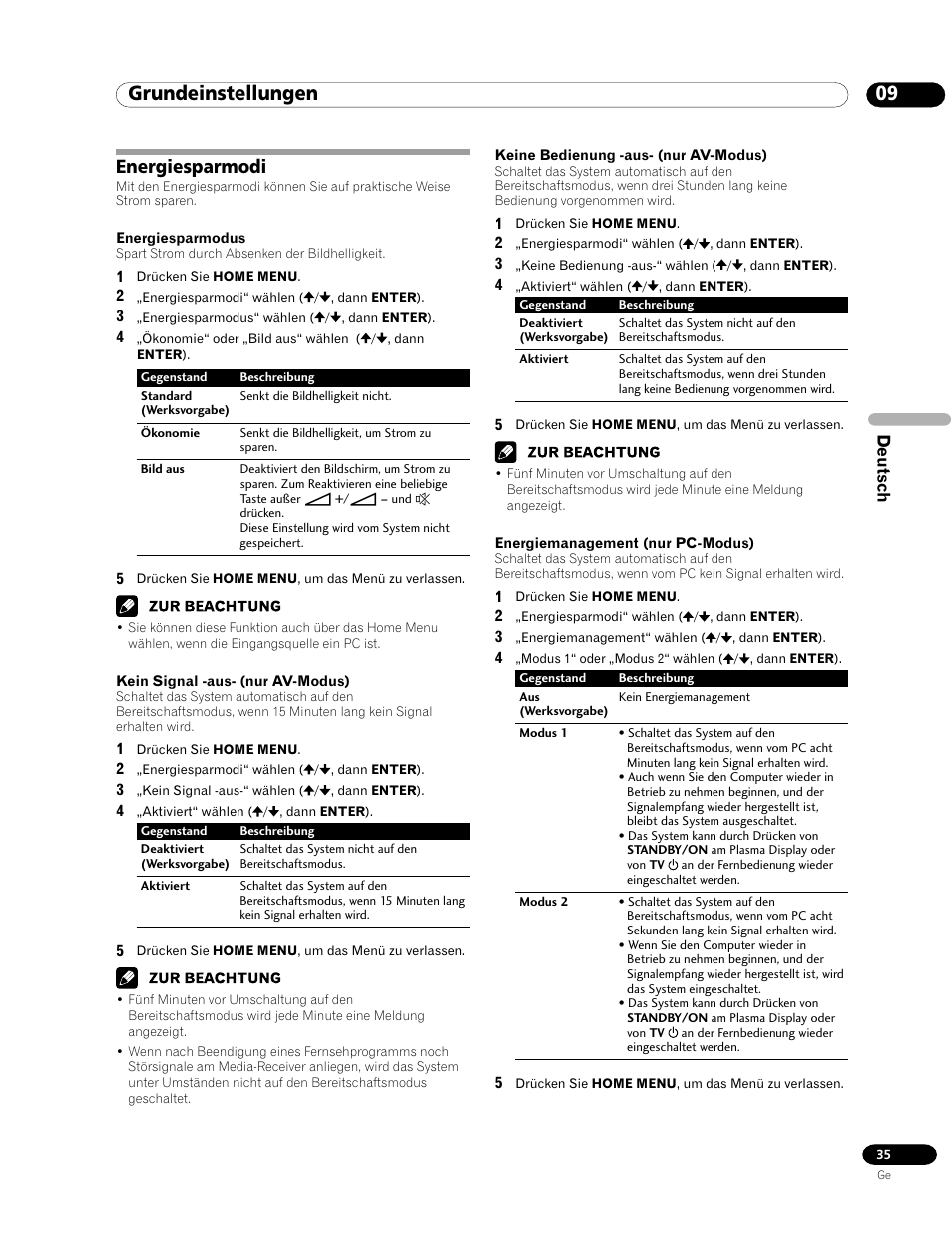 Energiesparmodi, 09 grundeinstellungen | Pioneer PDP-435HDE User Manual | Page 151 / 176
