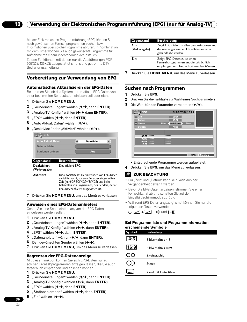 10 verwendung der elektronischen, Programmführung (epg) (nur für analog-tv), Vorbereitung zur verwendung von epg | Suchen nach programmen | Pioneer PDP-435HDE User Manual | Page 152 / 176