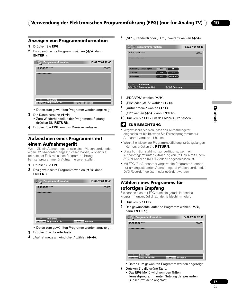 Anzeigen von programminformation, Wählen eines programms für sofortigen empfang, Deutsch | Pioneer PDP-435HDE User Manual | Page 153 / 176