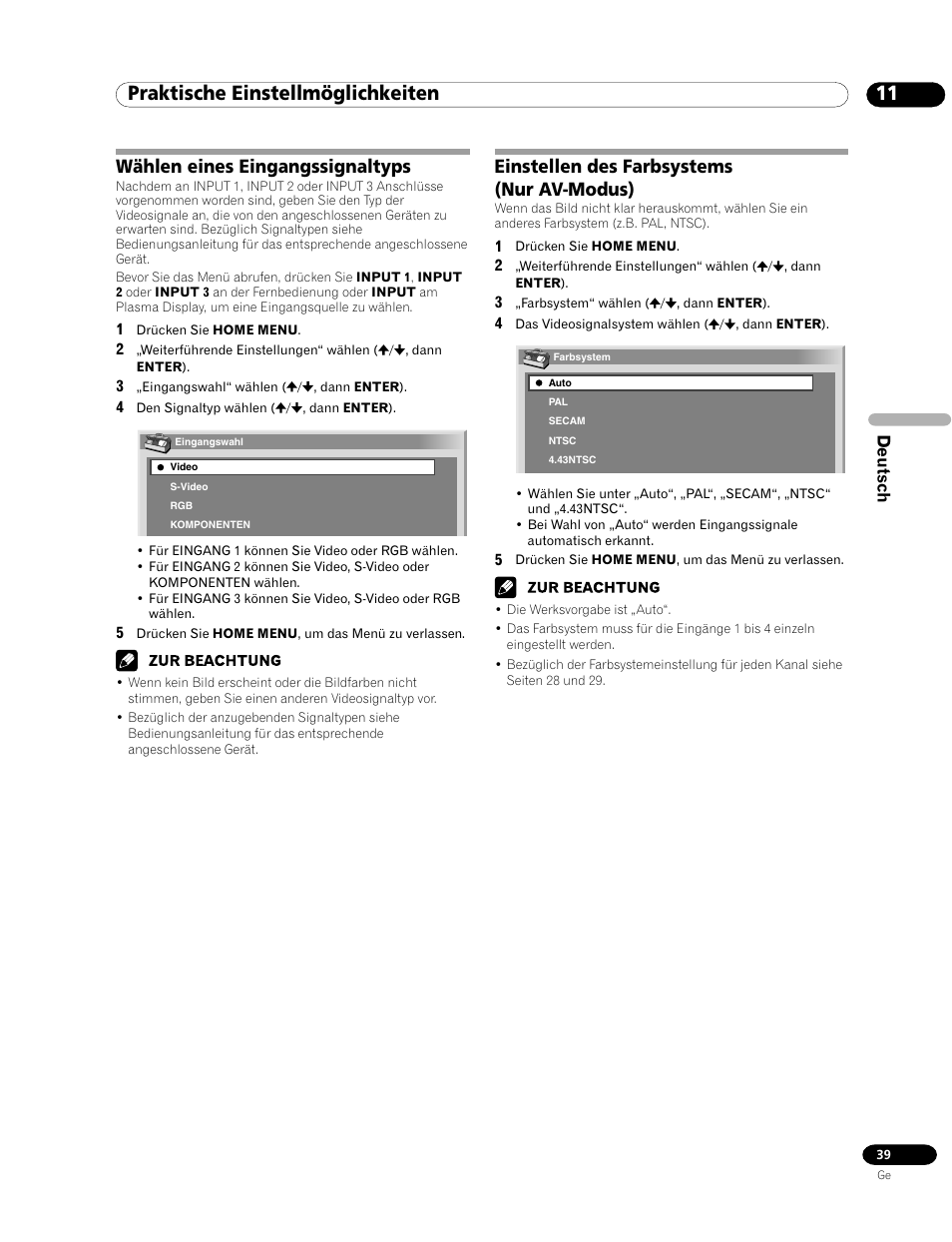11 praktische einstellmöglichkeiten, Einstellen des farbsystems (nur av-modus), Wählen eines eingangssignaltyps | Deutsch | Pioneer PDP-435HDE User Manual | Page 155 / 176