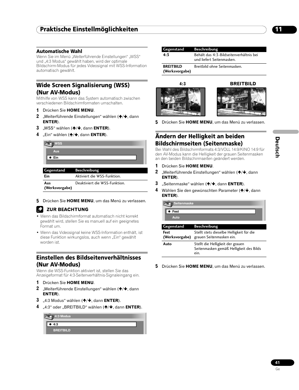 Automatische wahl, 11 praktische einstellmöglichkeiten, Wide screen signalisierung (wss) (nur av-modus) | Pioneer PDP-435HDE User Manual | Page 157 / 176