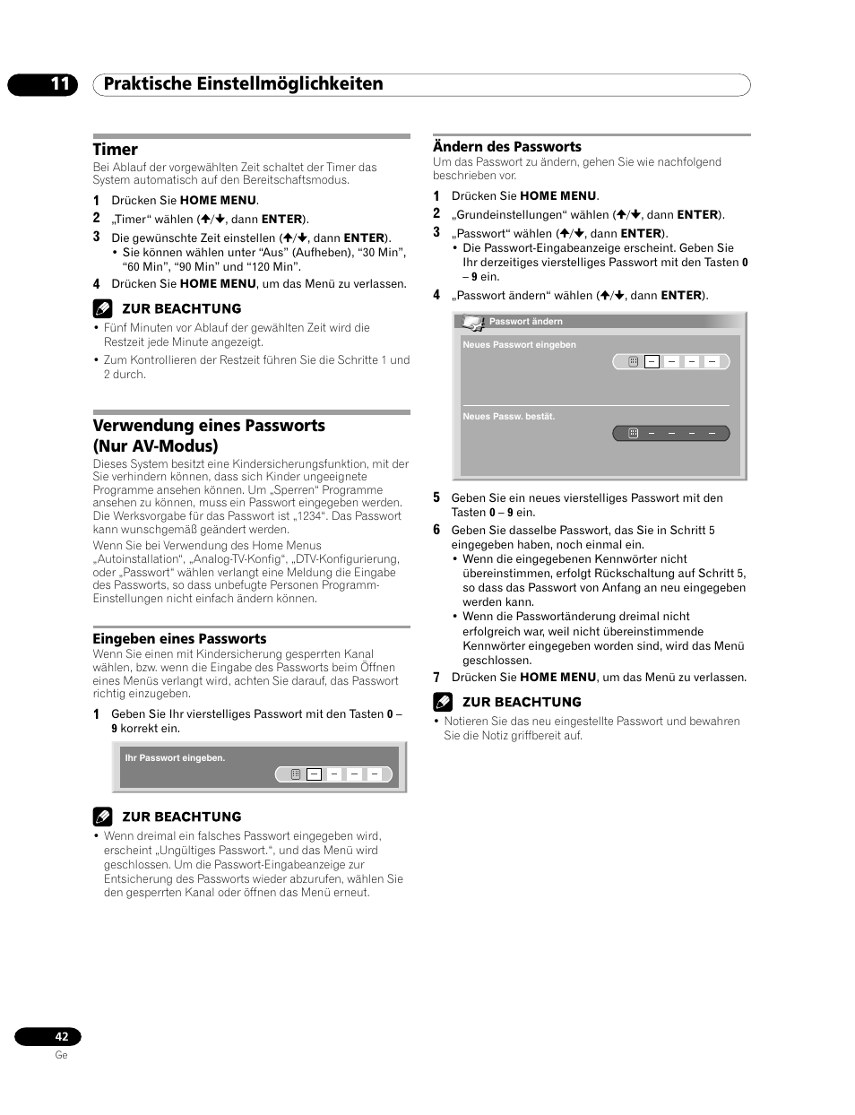 Timer verwendung eines passworts (nur av-modus), Eingeben eines passworts ändern des passworts, 11 praktische einstellmöglichkeiten | Timer, Verwendung eines passworts (nur av-modus) | Pioneer PDP-435HDE User Manual | Page 158 / 176