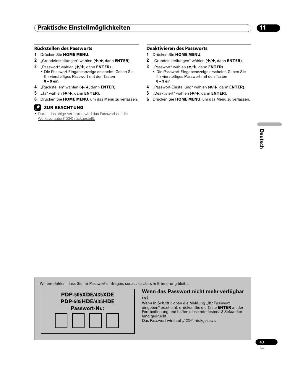 11 praktische einstellmöglichkeiten | Pioneer PDP-435HDE User Manual | Page 159 / 176