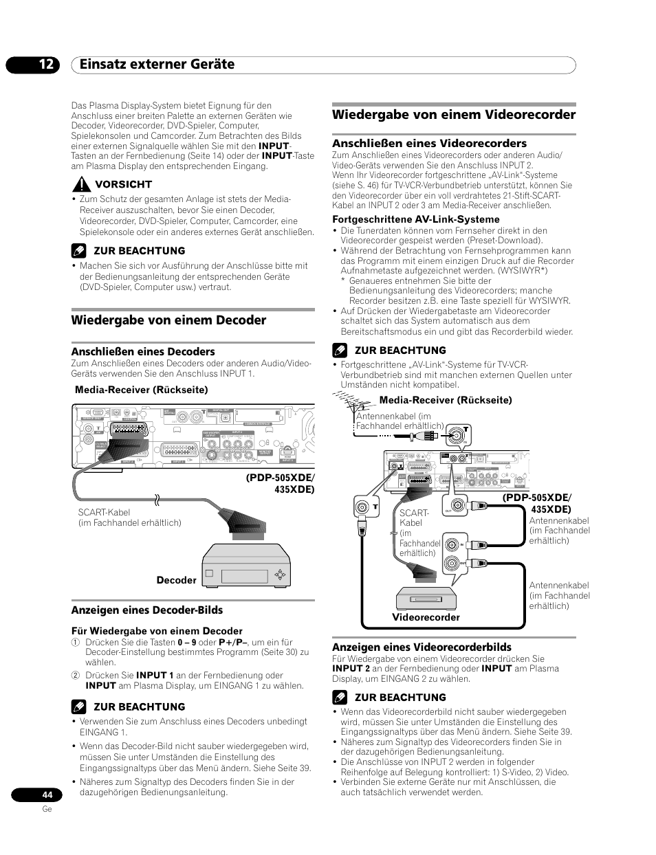 12 einsatz externer geräte, Wiedergabe von einem decoder, Wiedergabe von einem videorecorder | Anschließen eines videorecorders, Anschließen eines decoders, Anzeigen eines decoder-bilds, Anzeigen eines videorecorderbilds, Fortgeschrittene av-link-systeme, Für wiedergabe von einem decoder, Media-receiver (rückseite) | Pioneer PDP-435HDE User Manual | Page 160 / 176