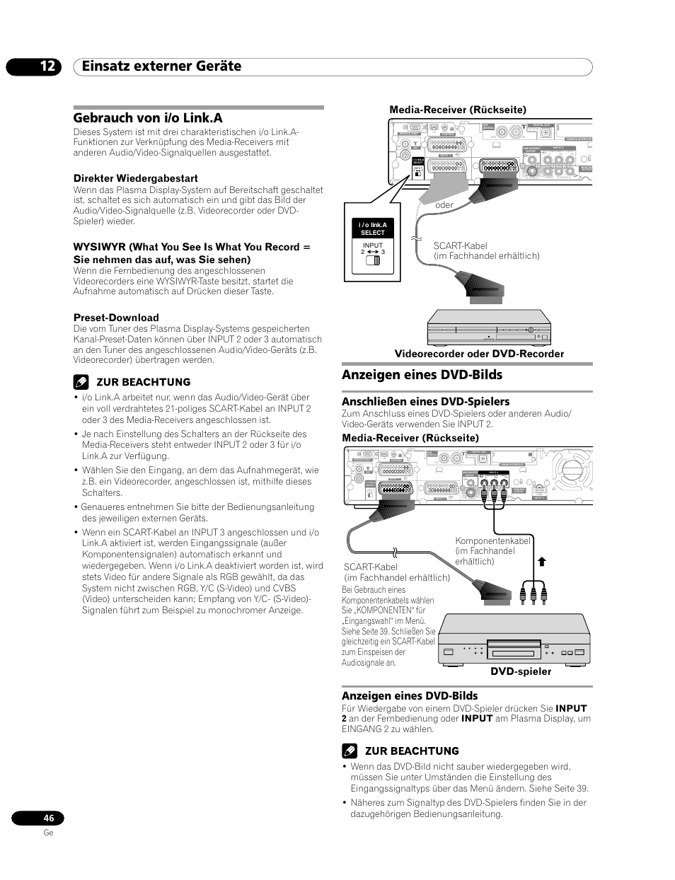 Gebrauch von i/o link.a anzeigen eines dvd-bilds, 12 einsatz externer geräte, Gebrauch von i/o link.a | Anzeigen eines dvd-bilds, Anschließen eines dvd-spielers, Direkter wiedergabestart, Preset-download, Media-receiver (rückseite), Dvd-spieler media-receiver (rückseite), Videorecorder oder dvd-recorder | Pioneer PDP-435HDE User Manual | Page 162 / 176