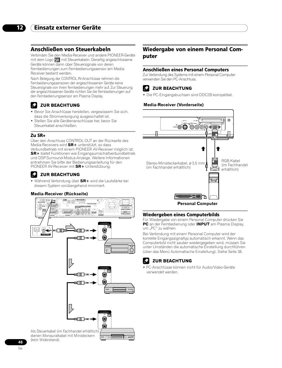 Anschließen von steuerkabeln, Zu sr, Wiedergabe von einem personal computer | 12 einsatz externer geräte, Wiedergabe von einem personal com- puter, Anschließen eines personal computers, Wiedergeben eines computerbilds, Media-receiver (vorderseite), Personal computer, Media-receiver (rückseite) | Pioneer PDP-435HDE User Manual | Page 164 / 176
