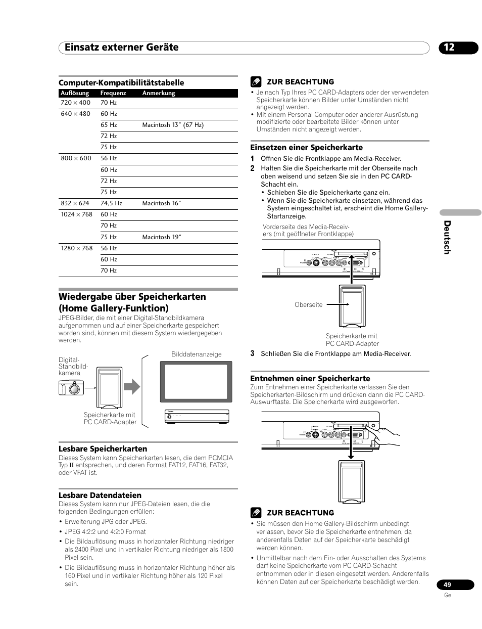 Computer-kompatibilitätstabelle, 12 einsatz externer geräte | Pioneer PDP-435HDE User Manual | Page 165 / 176