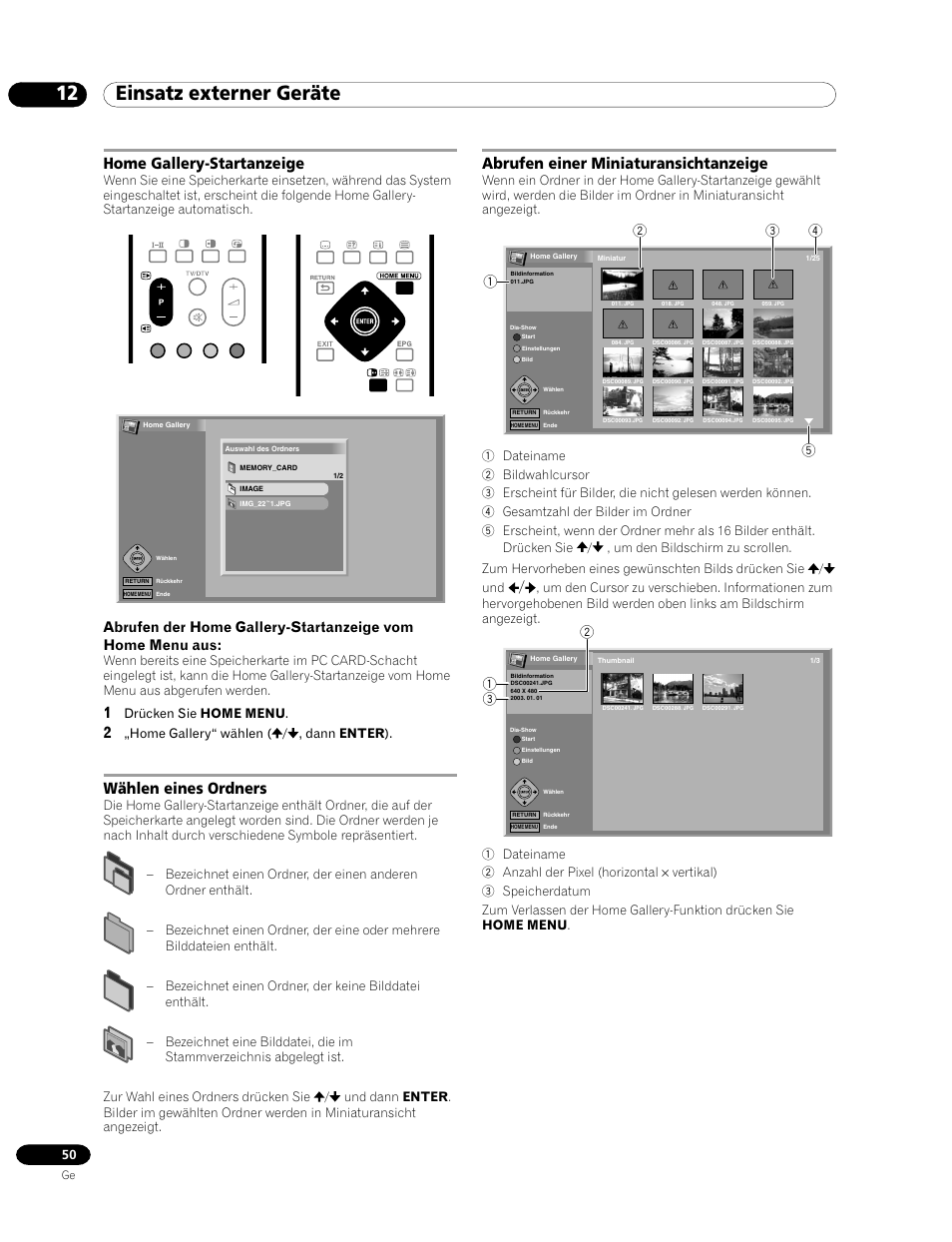 12 einsatz externer geräte, Wählen eines ordners, Home gallery-startanzeige | Abrufen einer miniaturansichtanzeige, Drücken sie home menu, Home gallery“ wählen ( / , dann enter ) | Pioneer PDP-435HDE User Manual | Page 166 / 176