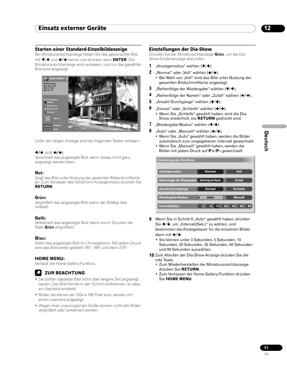 12 einsatz externer geräte, Deutsch, Starten einer standard-einzelbildanzeige | Einstellungen der dia-show | Pioneer PDP-435HDE User Manual | Page 167 / 176