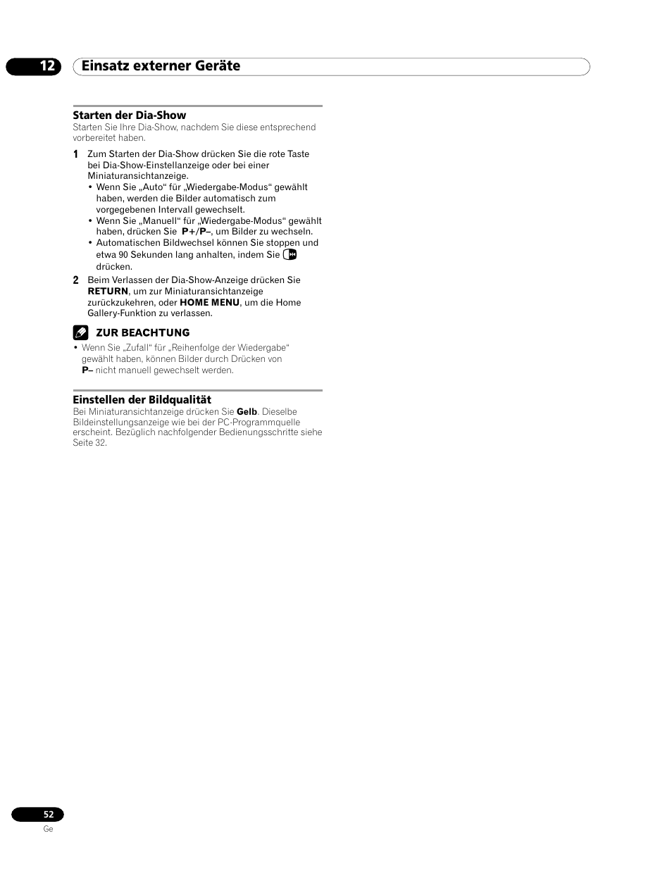 Starten der dia-show einstellen der bildqualität, 12 einsatz externer geräte | Pioneer PDP-435HDE User Manual | Page 168 / 176