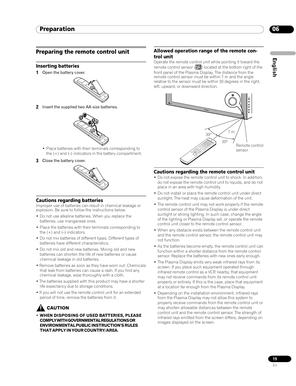 Preparing the remote control unit, 06 preparation | Pioneer PDP-435HDE User Manual | Page 19 / 176