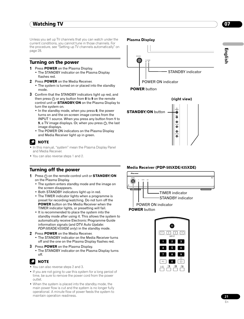 07 watching tv, Turning on the power turning off the power, Turning on the power | Turning off the power | Pioneer PDP-435HDE User Manual | Page 21 / 176