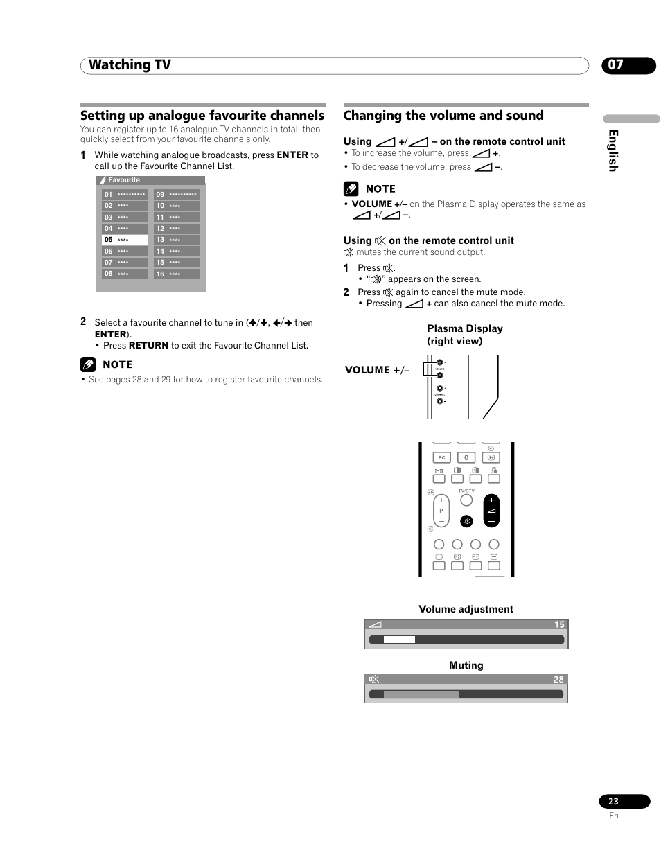 07 watching tv, Changing the volume and sound, Setting up analogue favourite channels | English | Pioneer PDP-435HDE User Manual | Page 23 / 176