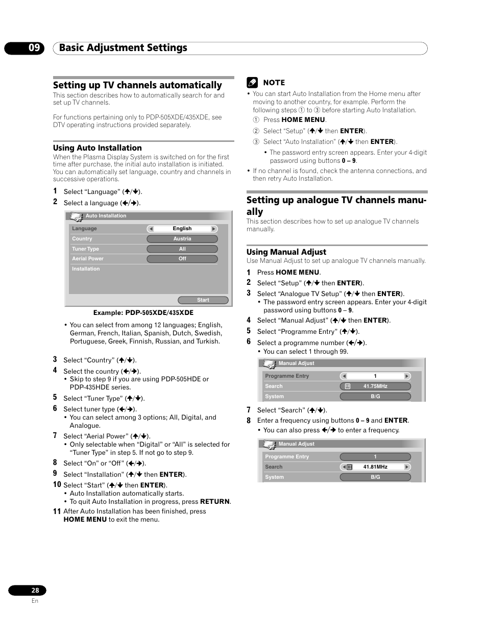 09 basic adjustment settings, Setting up tv channels automatically, Using auto installation | Setting up analogue tv channels manually, Using manual adjust, Setting up analogue tv channels manu- ally | Pioneer PDP-435HDE User Manual | Page 28 / 176