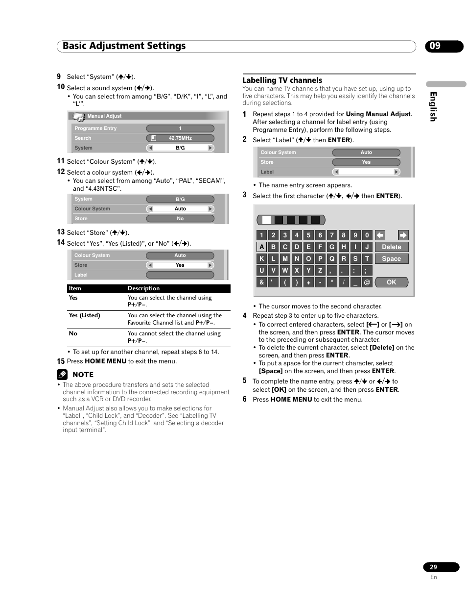 Labelling tv channels, 09 basic adjustment settings, English | Pioneer PDP-435HDE User Manual | Page 29 / 176