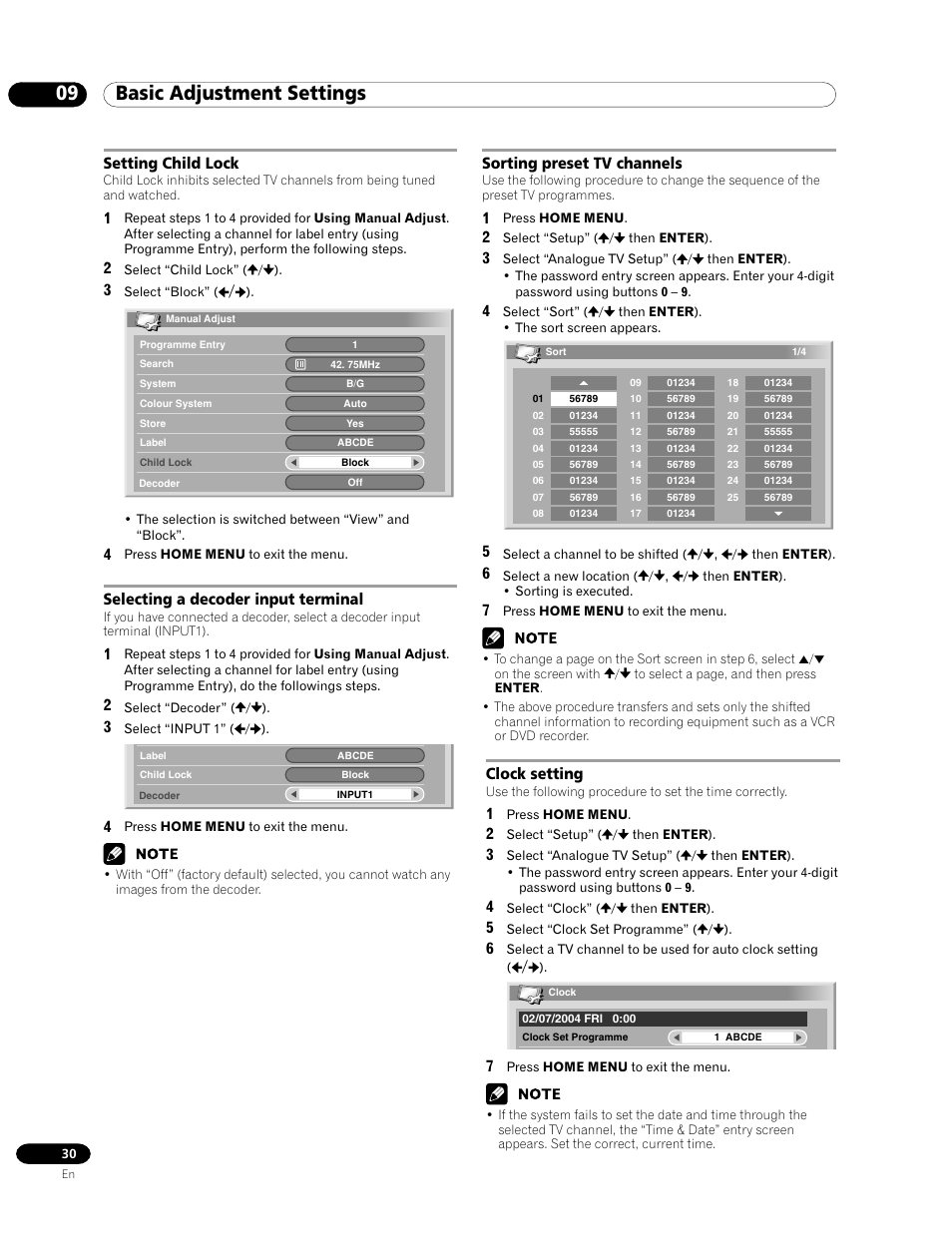 09 basic adjustment settings, Setting child lock, Selecting a decoder input terminal | Sorting preset tv channels, Clock setting | Pioneer PDP-435HDE User Manual | Page 30 / 176