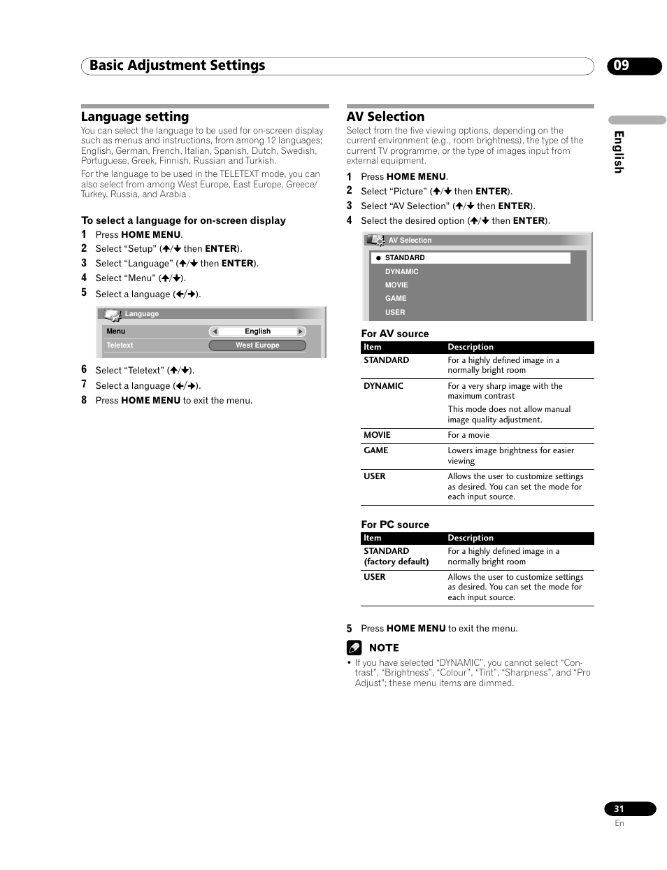 Language setting av selection, 09 basic adjustment settings, Language setting | Av selection | Pioneer PDP-435HDE User Manual | Page 31 / 176